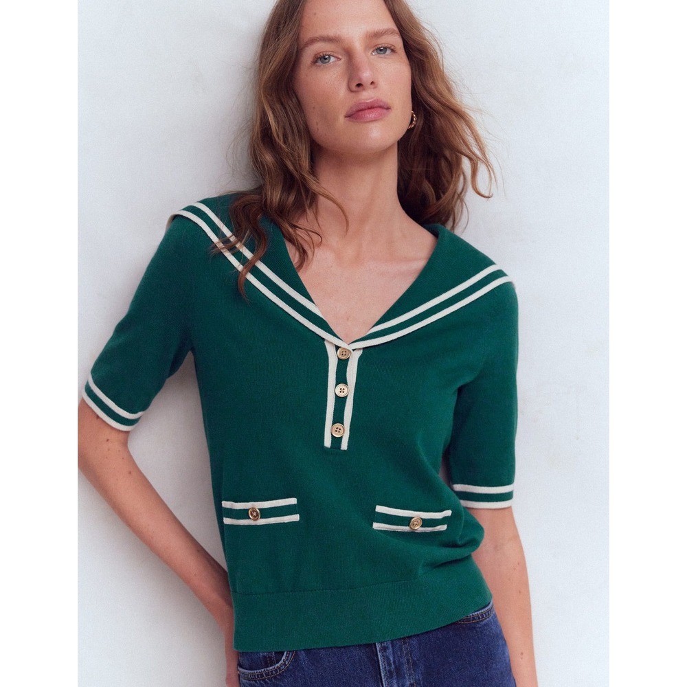 Boden Womens Green Sailor Collar Knit Short Sleeve Top Gold Buttons Large